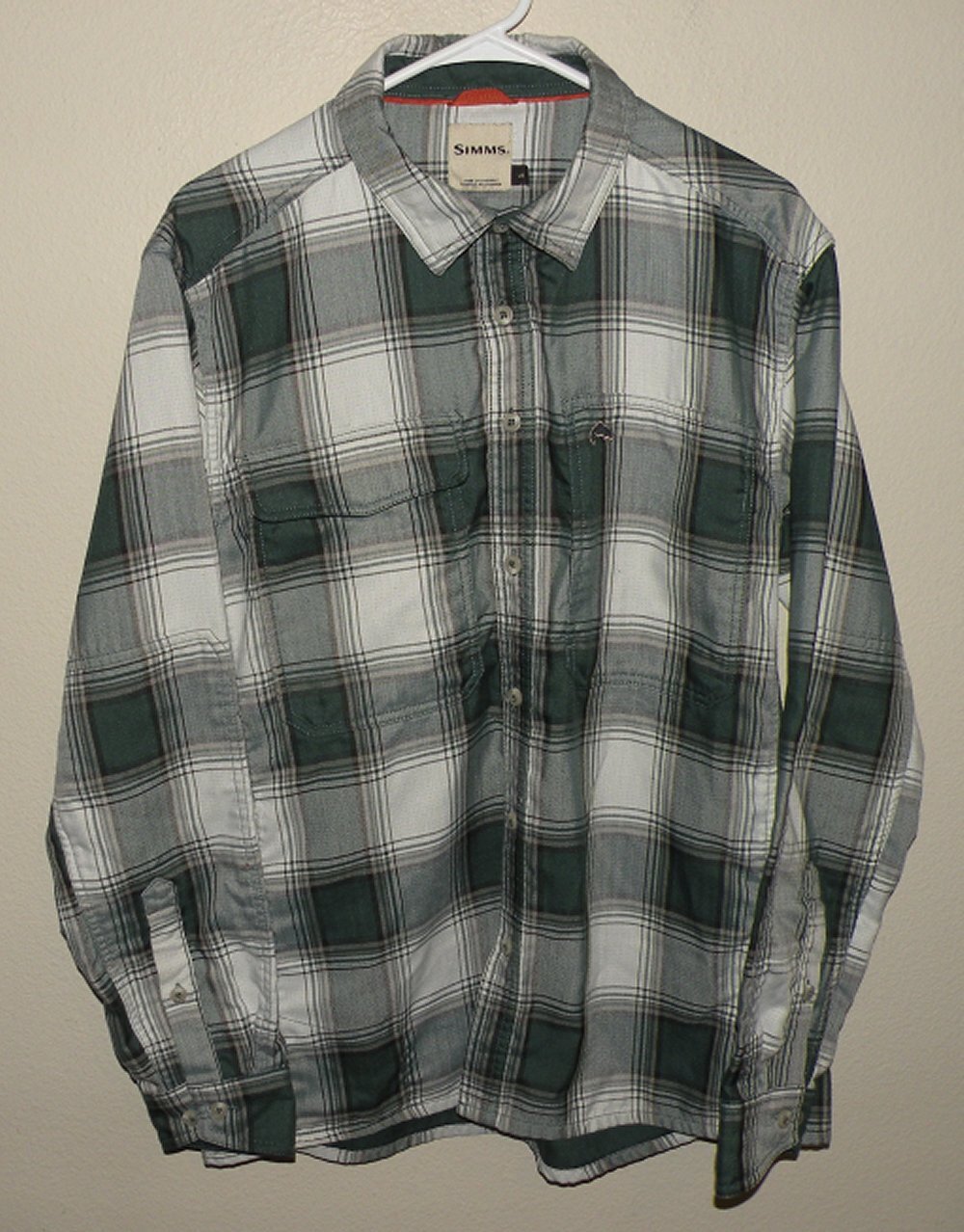 Simms Men's Large LS Button Flannel Shirt Green Plaid Fish It Well